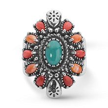 Load image into Gallery viewer, American West Sterling Silver Green Turquoise, Red and Orange Spiny Oyster Gemstone Cluster Ring Size 9