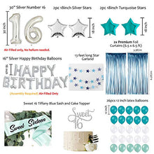 Load image into Gallery viewer, Sweet 16 Sixteenth 16th Birthday Decorations Turquoise Blue Party Balloons Supplies 30" Silver Number"16" Happy Birthday Balloons Tinsel Curtain, Sweet 16 Silver Cake Topper