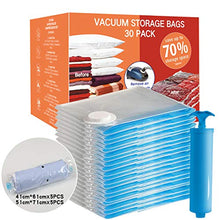 Load image into Gallery viewer, VacPack Space Saver Bags 30-Pack Vacuum Storage Compression Bags ( 5 Jumbo, 5 Large, 5 Medium, 5 Small, 5 Suitcase Travel Bags, 5 Carry-on Travel Bags and 1 hand pump)