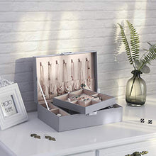 Load image into Gallery viewer, BEWISHOME Jewelry Box Organizer with 4 Watch Case Removable Tray Jewelry Display Storage Case - 7 Necklace Hook - Velvet Lining - Earring Ring Bracelet Case for Women Girls - PU Leather Grey SSH07H