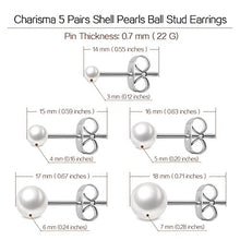 Load image into Gallery viewer, Charisma 3-7mm Composite Pearl Earrings Round Ball Pearls Stud Earrings Hypoallergenic 5 Pairs Mixed Sizes Imitation Pearl Earrings Set for Girls Women