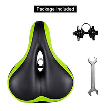 Load image into Gallery viewer, TONBUX Most Comfortable Bicycle Seat, Bike Seat Replacement with Dual Shock Absorbing Ball Wide Bike Seat Memory Foam Bicycle Gel Seat with Mounting Wrench (Green/Black with Reflective Sticker)