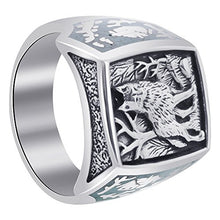 Load image into Gallery viewer, Men's Southwestern Style Turquoise Gemstone Wolf Sterling Silver Ring Size 9