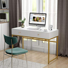 Load image into Gallery viewer, Tribesigns Computer Desk, Modern Simple 47 inch Home Office Desk Study Table Writing Desk with 2 Storage Drawers, Makeup Vanity Console Table, White and Gold