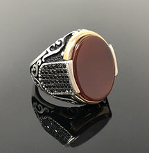 Load image into Gallery viewer, KAR New 925K Sterling Silver Red Agate (Aqeeq) Stone Men's Ring w/Zircon Stone K61U (8.75)