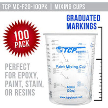 Load image into Gallery viewer, TCP Global 20 Ounce (600ml) Disposable Flexible Clear Graduated Plastic Mixing Cups - Box of 100 Cups & 50 Mixing Sticks - Use for Paint, Resin, Epoxy, Art, Kitchen - Measuring Ratios 2-1, 3-1, 4-1 ML