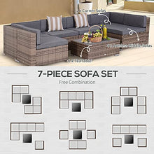 Load image into Gallery viewer, Outsunny 7-Piece Outdoor Rattan Sofa Set Wicker Patio Sectional Sets, Conversation Furniture Set with Cushions & Slat Plastic Wood Table, Grey
