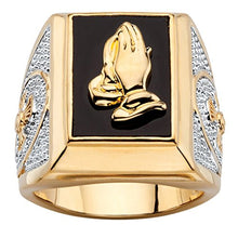 Load image into Gallery viewer, Seta Jewelry Men's 14K Yellow Gold Plated Rectangular Shaped Natural Black Onyx Praying Hands Ring