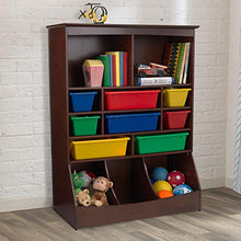 Load image into Gallery viewer, KidKraft Wooden Wall Storage Unit with 8 Plastic Bins and 13 Compartments, Espresso, Gift for Ages 3+