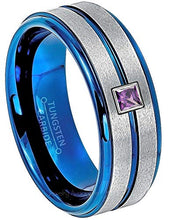 Load image into Gallery viewer, Custom-made Solitaire Princess Cut 0.10ctw Amethyst Tungsten Ring - 8MM Grooved Center 2-Tone Blue IP Tungsten Carbide Men's Wedding Band - February Birthstone Ring - White Gold Bezel - s8.5