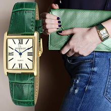 Load image into Gallery viewer, Peugeot Women's 14K Gold Plated Tank Leather Dress Watch with Roman Numerals Dial, Green