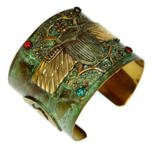Load image into Gallery viewer, Patina Brass Egyptian Scarab Motif Wide Cuff Bracelet - Carnelian, Navy Onyx, Turquoise