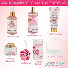 Load image into Gallery viewer, Home Spa Gift Basket - Wild Rose & Raspberry Leaf Scent - Luxurious 7 Piece Bath & Body Set For Men/Women, Contains Shower Gel, Body Lotion, Body Scrub, Bath Salt, Body Mist, Bath Puff & Shower Caddy