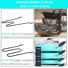 Load image into Gallery viewer, Pan Organizer Rack for Cabinet, Pot and Pan Organizer for Cabinet with 3 DIY Methods, Adjustable Pan Pot Rack with 8 Tiers, Heavy Duty Pot Organizer Deep U-shaped Design with Obstructed Slip Layer