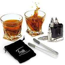 Load image into Gallery viewer, Whiskey Bullet Stones Premium Gift Set By Frolk, Set Of 6 Extra Large Stainless Steel Whiskey Stones, 2 Large Twisted Whiskey Glasses (11 oz), Freezer Base, Velvet Pouch & Tongs In Novelty Wooden Box