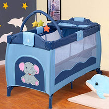 Load image into Gallery viewer, BABY JOY Portable Baby Playard, 3 in 1 Foldable Reversible Napper and Changer, Portable Playard Travel Bassinet Bed with Hanging Toys, 2 Lockable Wheels Diaper Changing Table (Blue)