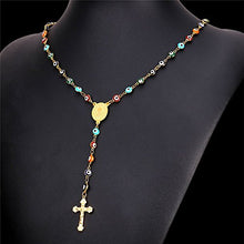 Load image into Gallery viewer, U7 Women Mens 18K Gold Plated Stainless Steel Link Colorful Evil Eye Beaded Rosary Necklace with Crucifix and Medal
