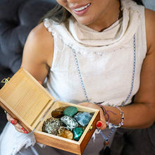Load image into Gallery viewer, Crystalya Premium Grade Crystals and Healing Stones for Abundance and Prosperity in Wooden Box - Malachite, Pyrite, Citrine, Aventurine, Blue Calcite, Tree Agate, Tiger's Eye Gemstones + Info Guide