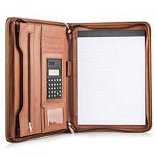 Load image into Gallery viewer, COSSINI Premium Business Portfolio with Zipper – Padfolio - Superior Business Impressions Begin with PU Vegan Leather, 10.1 Inch Tablet Sleeve, Smart Storage, Solar Calculator, Writing Pad - Tan