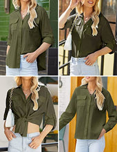 Load image into Gallery viewer, Hotouch Womens V Neck Button Down Blouse Long Sleeve Shirts Summer Gauzy Shirts Plain Tops Military Green S