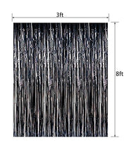 Load image into Gallery viewer, Fecedy 2pcs 3ft x 8.3ft Black Metallic Tinsel Foil Fringe Curtains Photo Booth Props for Birthday Wedding Engagement Bridal Shower Baby Shower Bachelorette Holiday Celebration Party Decorations