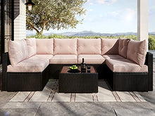 Load image into Gallery viewer, Allewie Patio Furniture Set 7 Pieces Outdoor Furniture with Seat Cushions and Tempered Glass Coffee Table, Wicker Patio Conversation Sets for Backyard, Porch, Balcony, Poolside, Khaki & Black