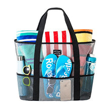Load image into Gallery viewer, SoHo, Mesh Beach Bag - Toy Tote Bag - Large Lightweight Market, Grocery & Picnic Tote with Oversized Pockets (Black/White)