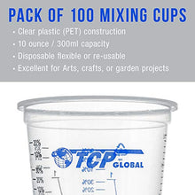 Load image into Gallery viewer, TCP Global 10 Ounce (300ml) Disposable Flexible Clear Graduated Plastic Mixing Cups - Box of 100 Cups & 50 Mixing Sticks - Use for Paint, Resin, Epoxy, Art, Kitchen - Measuring Ratios 2-1, 3-1, 4-1 ML