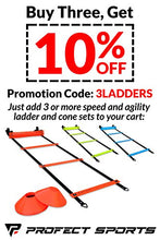 Load image into Gallery viewer, Pro Agility Ladder and Cones - 15 ft Fixed-Rung Speed Ladder with 12 Disc Cones for Soccer, Football, Sports, Exercise, Workout, Footwork Training - Includes 4 Stakes, Heavy Duty Carry Bag (Yellow)