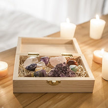 Load image into Gallery viewer, Premium Healing Crystals Kit in Wooden Box - 7 Chakra Set Tumbled Stones, Rose Quartz, Amethyst Cluster, Crystal Points, Chakra Pendulum + 82 Page E-Book + 20x6 Reference Guide Poster, Ribbon Bow