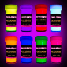 Load image into Gallery viewer, 2-IN-1 Glow In The Dark Acrylic Paint Set by neon nights – Glows in the Dark & under UV Blacklight - Set of 8 Self-Luminous Neon Paints for Halloween - German Premium Quality - Phosphorescent