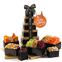Load image into Gallery viewer, Happy Birthday Tower Gift Basket, Gourmet Nuts & Dried Fruits + Black Ribbon (12 Assortments) Arrangement Platter, Care Package Variety, Healthy Food Tray, Kosher Snack Box for Women Men Adults