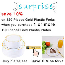 Load image into Gallery viewer, 120 Pieces Gold Plastic Plates, White Disposable Plates with Gold Rim, includes: 60 Dinner Plates 10.25”, 60 Dessert Plates 7.5”