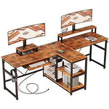 Load image into Gallery viewer, IRONCK Office Computer Desk 94.5", 2 Person Gaming Desk with Power Outlet/CPU Storage Shelves/Keyboard Tray, Long Double Studying Writing Table, Easy Assemble, Industrial Brown