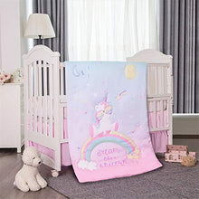 Load image into Gallery viewer, La Premura Unicorn Baby Nursery Crib Bedding Set for Girls – Baby Unicorn & Rainbows 3 Piece Standard Size Crib Bedding Sets in Pink, Yellow & Green