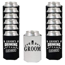 Load image into Gallery viewer, Shop4Ever Groom and Groom’s Drinking Team Member Can Coolie ~ Wedding Bachelor Party Beer Can Sleeve Coolers ~ (Member, Blk, 12 Pk)