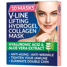 Load image into Gallery viewer, 10 Piece V Line Shaping Face Masks – Double Chin Reducer - Lifting Hydrogel Collagen Mask with Aloe Vera – Anti-Aging and Anti-Wrinkle Band - Contouring, Slimming and Firming Face Lift Sheet