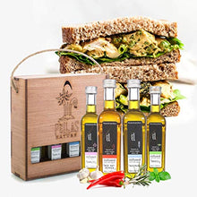 Load image into Gallery viewer, Pellas Nature, Organic Herbs Infused Greek Extra Virgin Olive Oil Set, Finishing Oil Flavors Basil Garlic, Red Pepper, Rosemary, Wooden Combo Set, All-Natural, No-Additives, 4 X 50 ml (1.7 oz.) Bottles