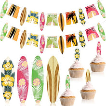 Load image into Gallery viewer, 48 Pieces Surfboard Cupcake Toppers and 2 Pieces Surfboard Birthday Garlands Hawaii Banner Surfing Themed Cake Decoration for Summer Beach Luau Birthday Baby Shower Hawaii Themed Party Supplies
