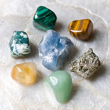 Load image into Gallery viewer, Crystalya Premium Grade Crystals and Healing Stones for Abundance and Prosperity in Wooden Box - Malachite, Pyrite, Citrine, Aventurine, Blue Calcite, Tree Agate, Tiger's Eye Gemstones + Info Guide