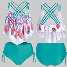 Load image into Gallery viewer, Youmymine Women Strappy Padded Swim Top Overlay Flounce Crisscross Tankini Feather Print Swimsuits (XXL, Green-A)