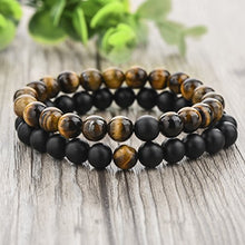 Load image into Gallery viewer, Long Way 2 pcs Black Matte Agate & Tiger Eye Gem Beads 8mm Double Matching Distance Bracelets 7.5" Z & 7.9"