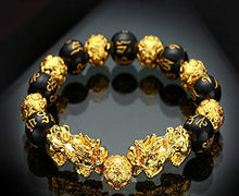 Load image into Gallery viewer, 2 Pieces Feng Shui Bracelets Mantra Amulet Bead Obsidian Bracelets with Gold Plated Pi Xiu/Pi Yao for Women Men Adjustable Elastic - Good Luck Wealt (14mm)