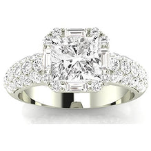 Load image into Gallery viewer, 1.5 Carat GIA Certified Cushion-Cut Platinum Designer Popular Halo Style Baguette and Pave Set Round Diamond Engagement Ring with a 0.75 Ct D-E VS1-VS2 Center.