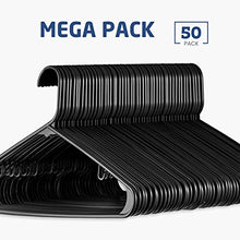 Load image into Gallery viewer, Black Standard Plastic Hangers (50 Pack) Durable Tubular Shirt Hanger Ideal for Laundry & Everyday Use, Slim & Space Saving, Heavy Duty Clothes Hanger for Coats, Pants, Dress, Etc. Hangs up to 5.5 lbs