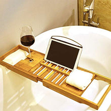 Load image into Gallery viewer, Wine Rack H Luxury Bamboo Bathtub Caddy Bath Tub Tray with Extending Sides Built in Book Tablet Holder Cellphone Tray & Integrated Wineglass Holder and Other Accessories Placement