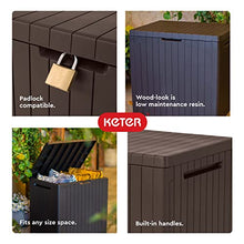 Load image into Gallery viewer, Keter City 30 Gallon Resin Deck Box for Patio Furniture, Pool Accessories, and Storage for Outdoor Toys, Brown