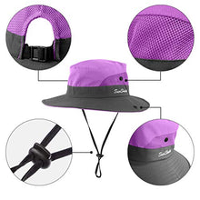 Load image into Gallery viewer, Kids UV Sun Hat with Ponytail Hole UPF 50 Bucket Cap for Girls Summer Beach & Fishing (S:2-5T(Head circumferences 19"-20.6"), Purple)