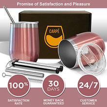 Load image into Gallery viewer, Carpe 12 oz Stemless Insulated Wine Glass Tumbler with Sliding Lid and Straw, Spill Proof Stainless Steel Double-Wall Wine Tumbler Cups for Champaign, Cocktail, Coffee, Drinks, Set of 2 (Rose Gold)
