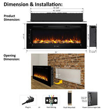 Load image into Gallery viewer, PuraFlame Alice 50 Inches Recessed Electric Fireplace, Wall Mounted for 2 X 6 Stud, Log Set & Crystal, 1500W Heater, Black